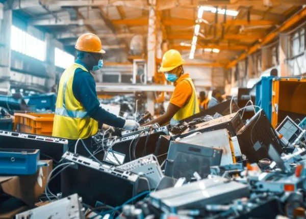 e-waste-recycling-concept-workers-sorting-discarded-electronics-industrial-facility-e-waste-recycling-concept-workers-358132244